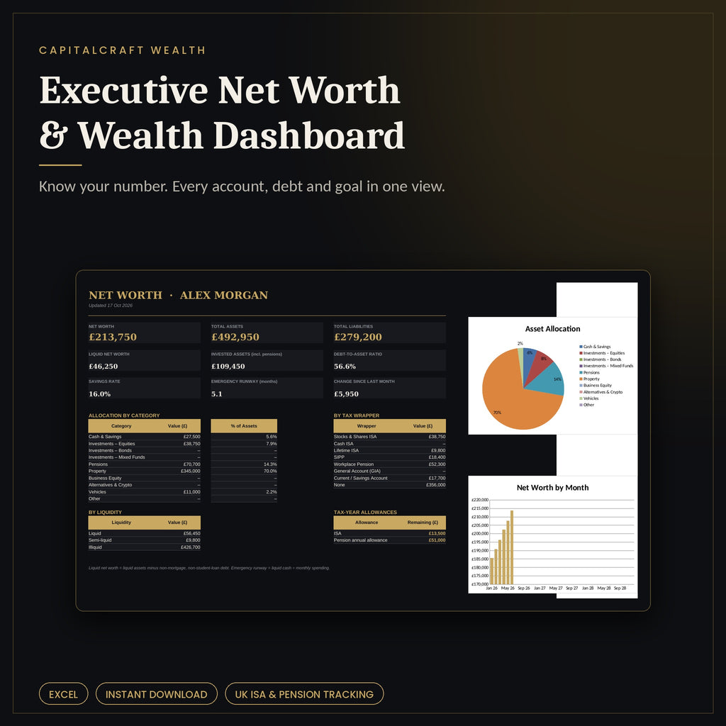 Executive Net Worth and Wealth Dashboard Excel workbook with net worth, ISA and pension tracking