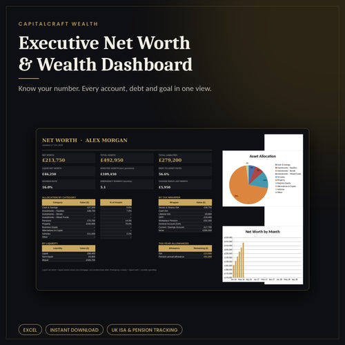 Executive Net Worth and Wealth Dashboard Excel workbook with net worth, ISA and pension tracking